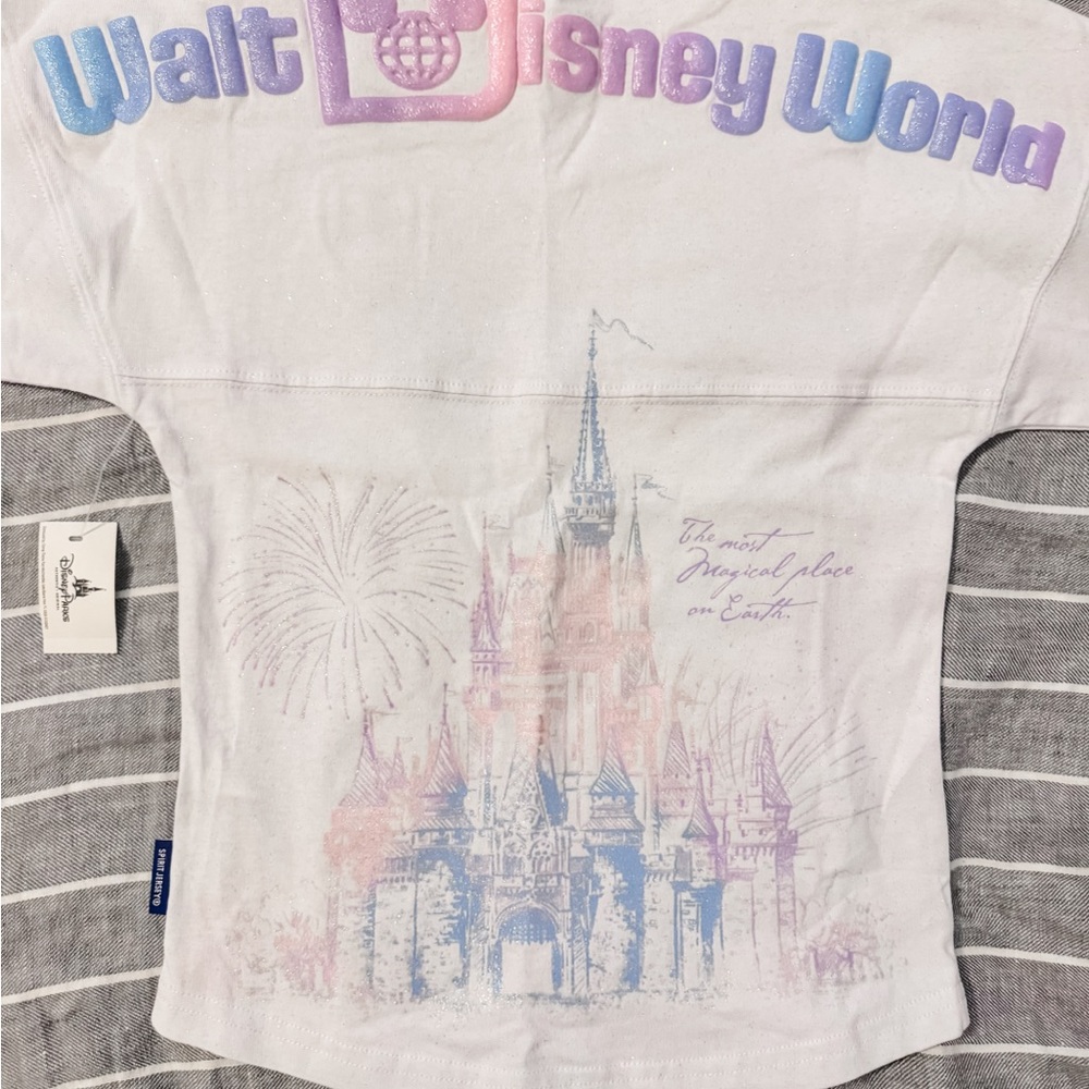 Disney Parks XS (4) Youth Spirit Jersey - White w Glitter & Pastel Graphics